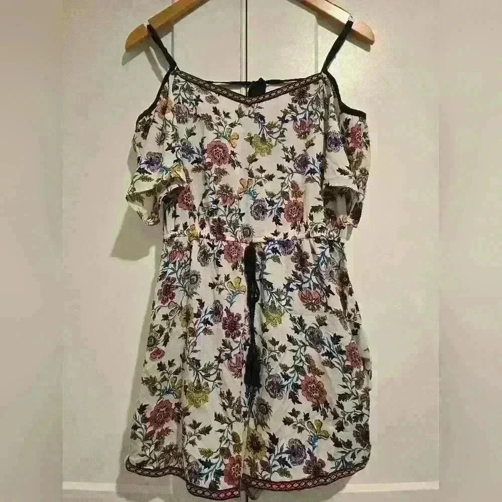 Blue Rain Floral Cold Shoulder Boho Lightweight Romper